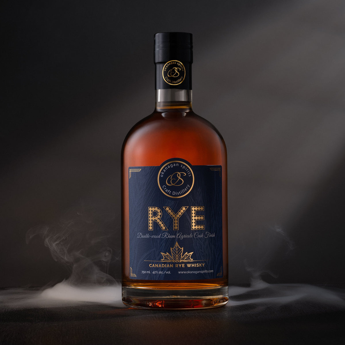 Bottle of Rye whiskey with a dark label on a dark background