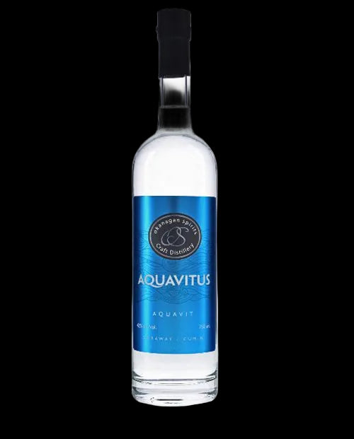 Aquavitus bottle with blue label on a white background