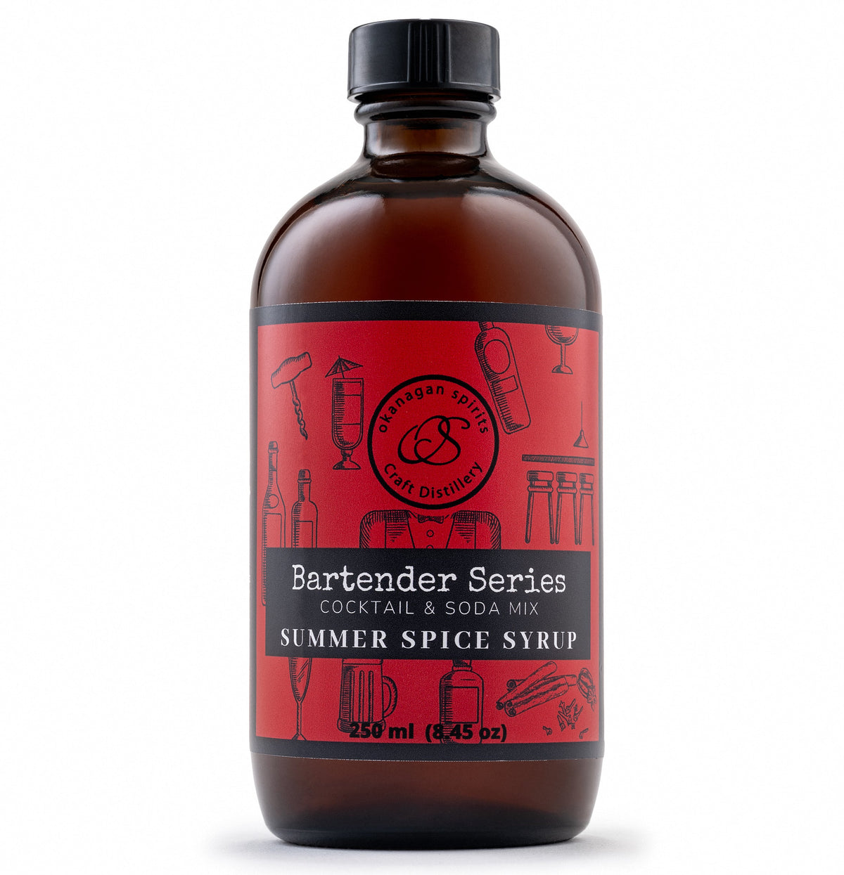 A glass bottle of Bartender Series Summer Spice Syrup with a black cap and a red label, shown on a white background.
