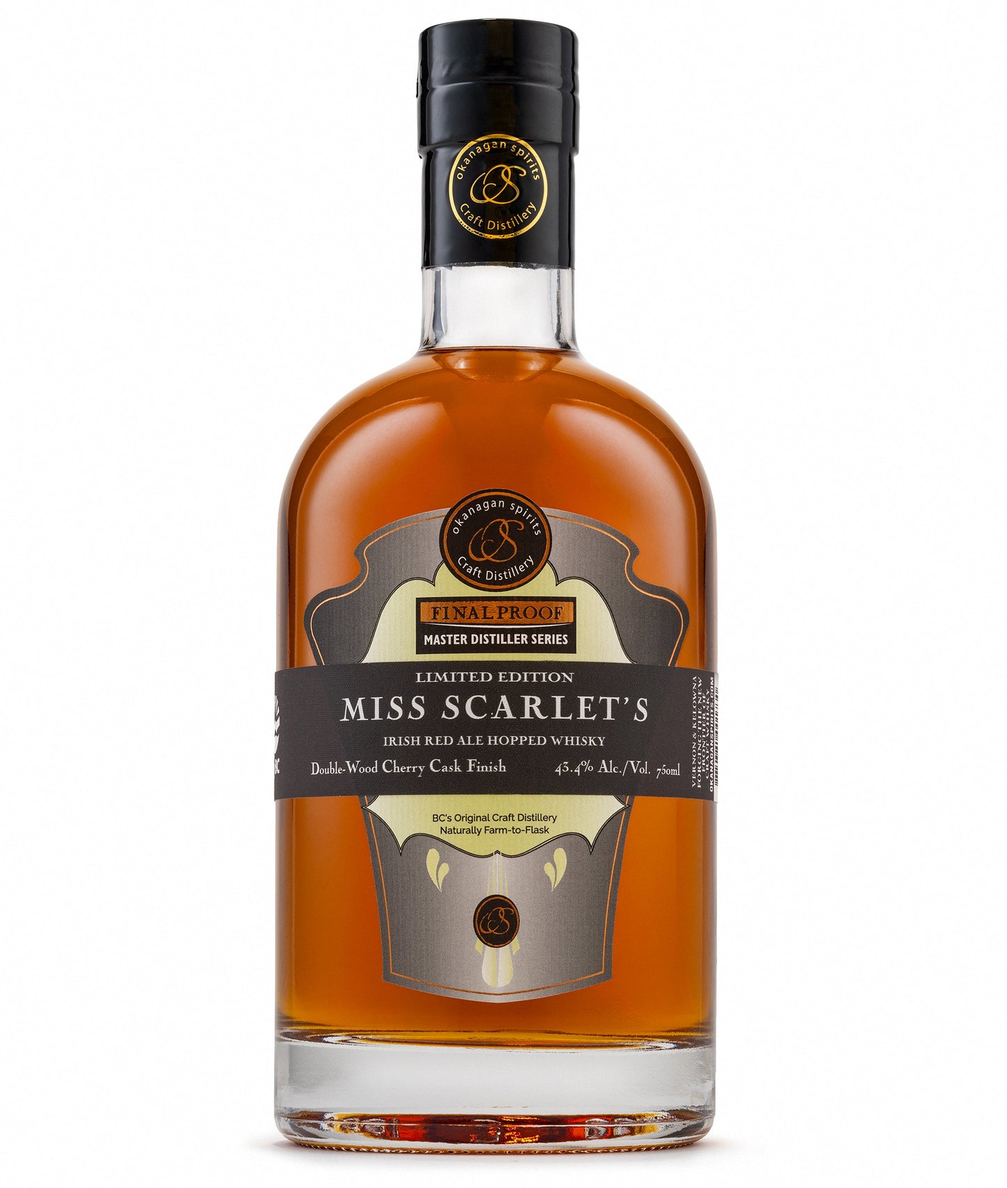 A bottle of Miss Scarlet's Limited Edition Hopped Canadian Whisky, showing the amber liquid inside a clear glass bottle with a black cap and detailed label.